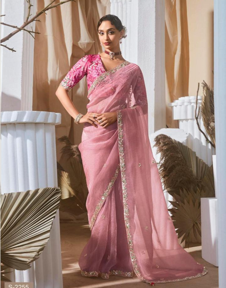 Graceful Embroidered & Embellished Saree with Printed Blouse Elegant Ethnic Ensemble - Buy
