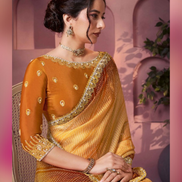 Mustard Satin Silk Bandhani Saree with Two-Tone Shaded Print & Elegant Hand Embellishments - Buy_1