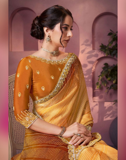 Mustard Satin Silk Bandhani Saree with Two-Tone Shaded Print & Elegant Hand Embellishments - Buy_1