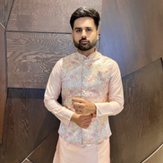 Peach Pure Cotton Mens Kurta Pyjama with Vibrant Jacquard Work & Stylish Koti Festive Ethnic Wear - Buy