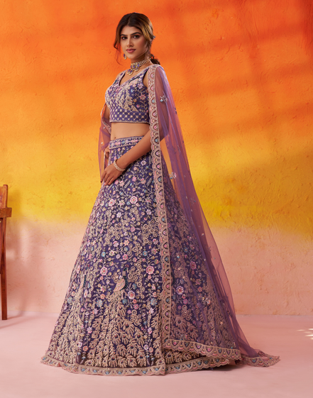 Premium Net Fabric Sequins Embroidery Lehenga & Blouse with Dupatta - Buy