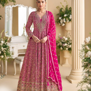 Festive Pink Georgette Gown with Intricate Swarovski & Zarkan Embroidery Dupatta Included - Buy