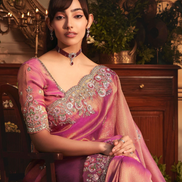 Glamorous Pink Organza Saree with All Over Butta Design & Heavy Embroidered Stone Border - Buy