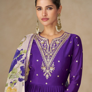 Women’s Embroidered Purple Chinnon Anarkali Outfit with Vibrant Floral Dupatta - Buy