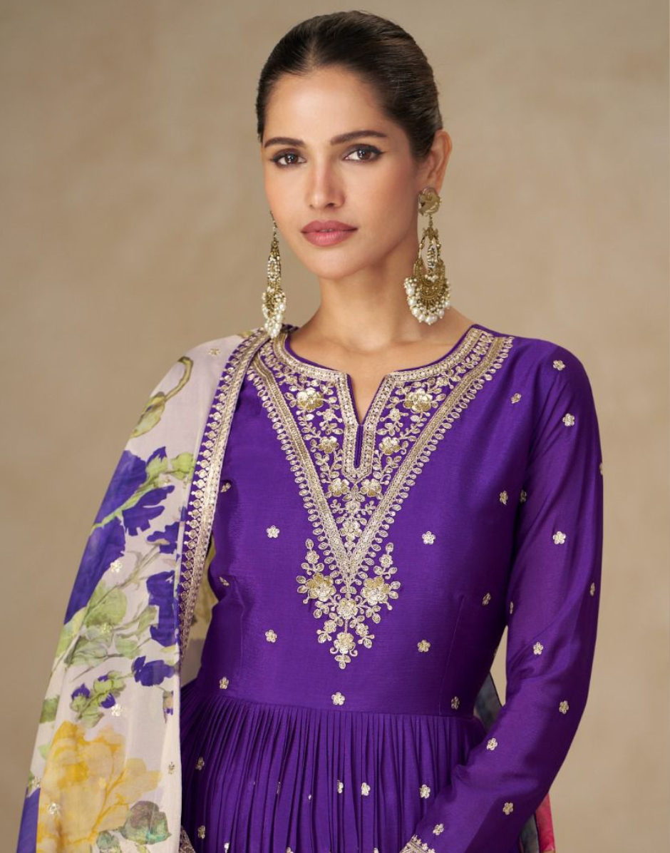 Women’s Embroidered Purple Chinnon Anarkali Outfit with Vibrant Floral Dupatta - Buy