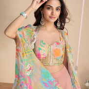 Blush Pink Chinon Silk Co-Ord Set Embroidered Shrug, Hand-Embellished Blouse & Palazzo - Buy