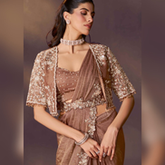 Brown Pre-Stitched Saree with Jacket Set
