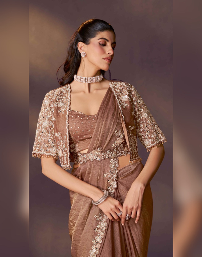 Brown Pre-Stitched Saree with Jacket Set