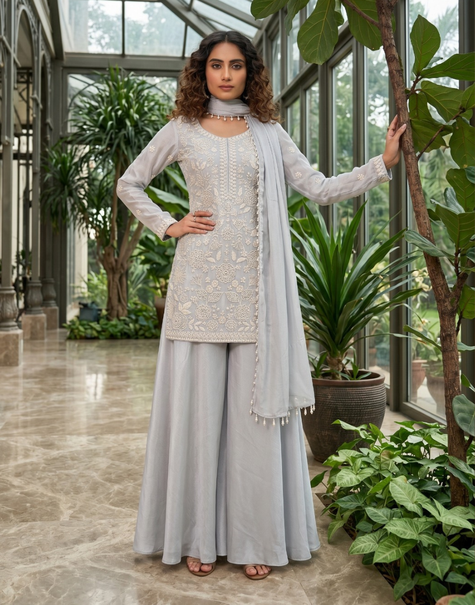 Grey Chiffon Palazzo Suit for Wedding Guest