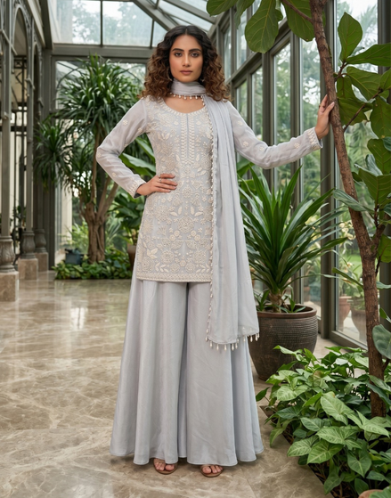 Grey Chiffon Palazzo Suit for Wedding Guest
