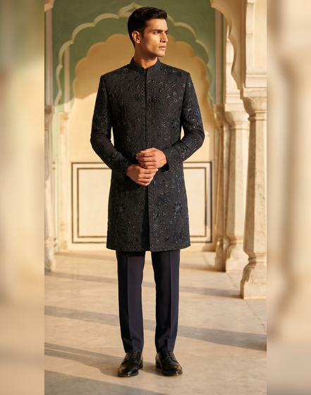 Black Hand-Embroidered Designer Sherwani Set for Men