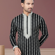 Stylish Black Kurta Pajama with White Thread Embroidery for Men Elegant Festive Wear - Buy