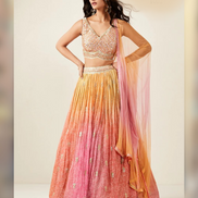 Exclusive Mustard Pink Silk Lehenga with Print & Embroidery Work - Buy