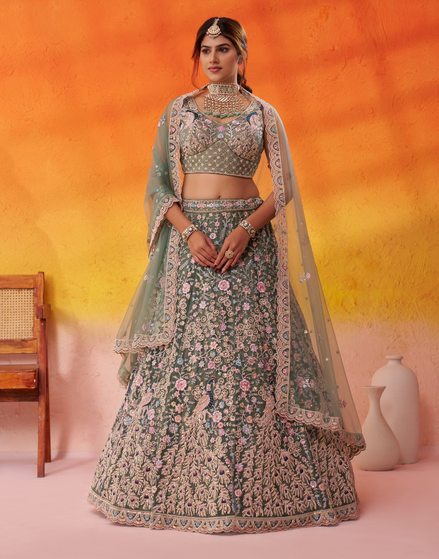Premium Net Fabric Sequins Embroidery Lehenga & Blouse with Dupatta - Buy