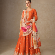 Embroidered Orange Chinnon Silk Anarkali Suit Paired with Printed Floral Dupatta - Buy