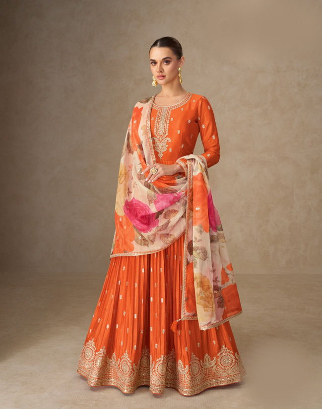 Embroidered Orange Chinnon Silk Anarkali Suit Paired with Printed Floral Dupatta - Buy