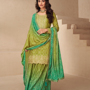 Green Chinnon Silk Embroidered Palazzo Set with Dupatta - Buy