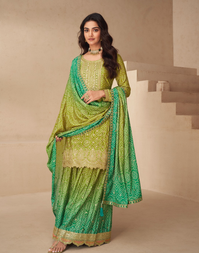 Green Chinnon Silk Embroidered Palazzo Set with Dupatta - Buy