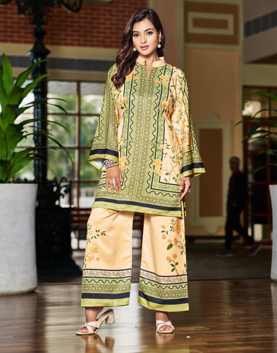 Trendy Beige Printed Satin Co-Ord Stylish Soft Two-Piece Set - Buy