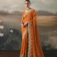 Orange Pure Tissue Silk Saree with Designer Contrast Hand Work Blouse