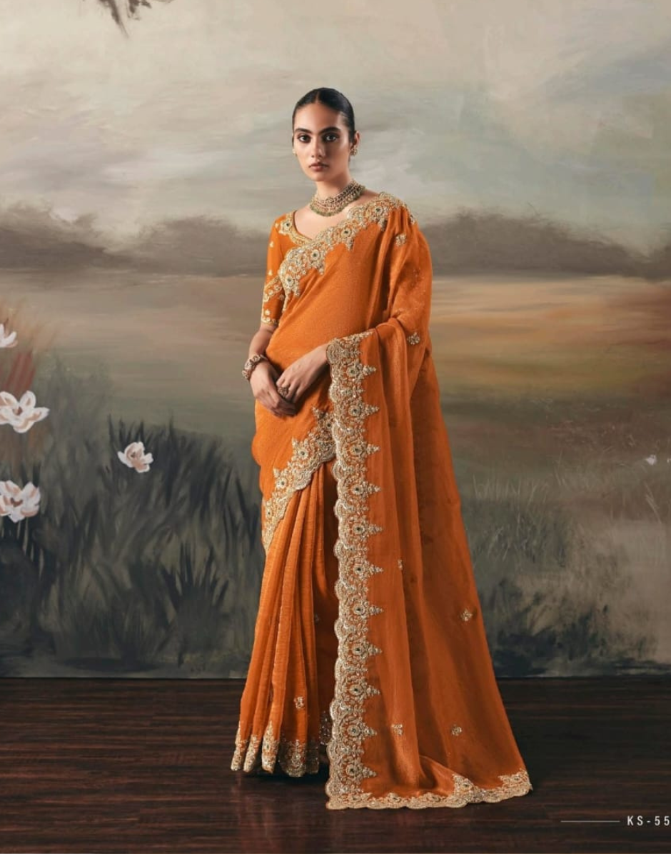 Orange Pure Tissue Silk Saree with Designer Contrast Hand Work Blouse