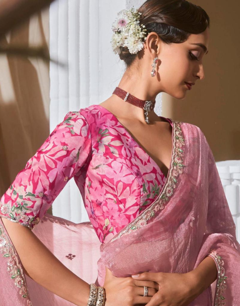 Graceful Embroidered & Embellished Saree with Printed Blouse Elegant Ethnic Ensemble - Buy