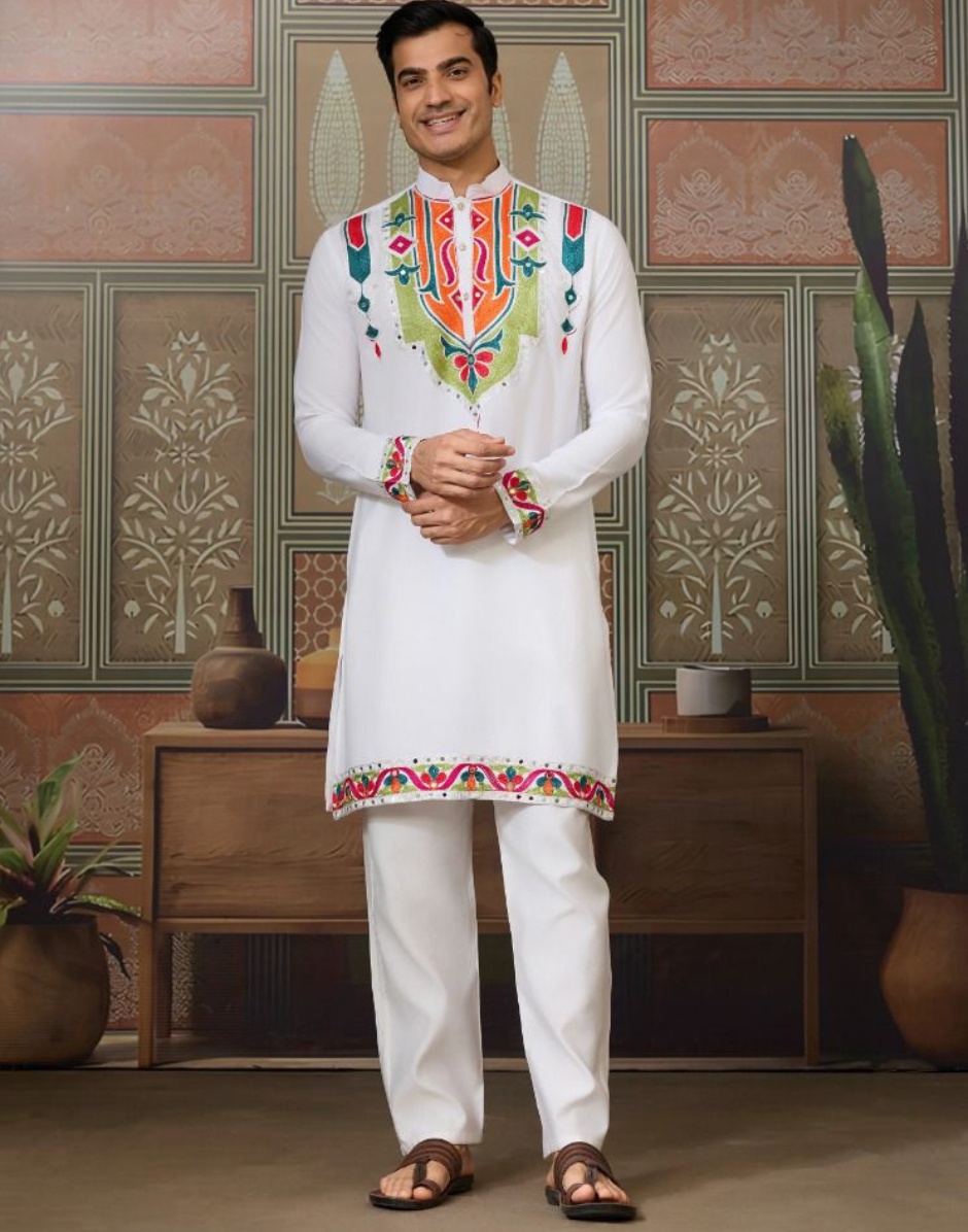 Classic Multicolor Embroidered Kurta Pyjama for Men Graceful Look for Every Occasion - Buy
