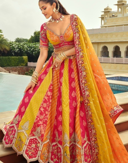 Silk Lehenga with Heavy Embroidery, Cut Work Border & Art Mirror Work Designer Blouse & Net Dupatta - Buy