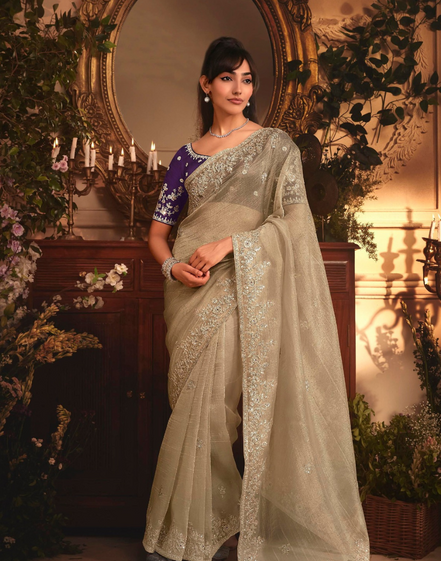 Elegant Beige Organza Saree Intricate Butta Embroidery with Heavy Stone Work Border - Buy