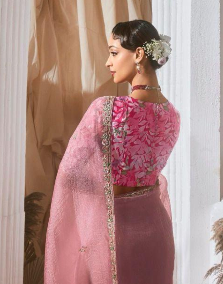 Graceful Embroidered & Embellished Saree with Printed Blouse Elegant Ethnic Ensemble - Buy