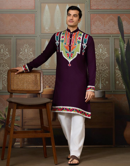 Classic Multicolor Embroidered Kurta Pyjama for Men Graceful Look for Every Occasion - Buy