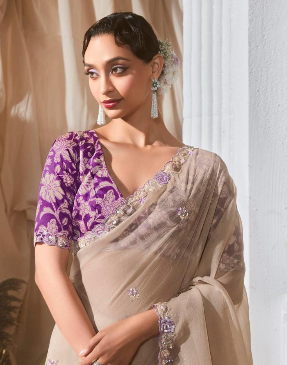 Graceful Embroidered & Embellished Saree with Printed Blouse Elegant Ethnic Ensemble - Buy