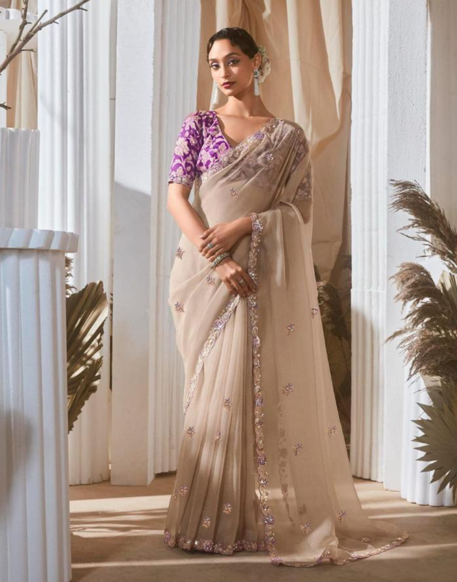 Graceful Embroidered & Embellished Saree with Printed Blouse Elegant Ethnic Ensemble - Buy