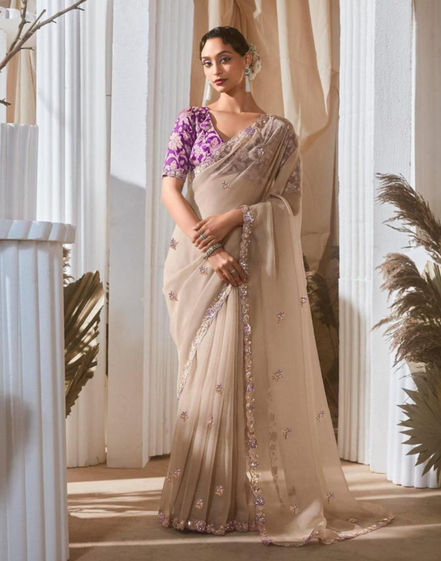Graceful Embroidered & Embellished Saree with Printed Blouse Elegant Ethnic Ensemble - Buy