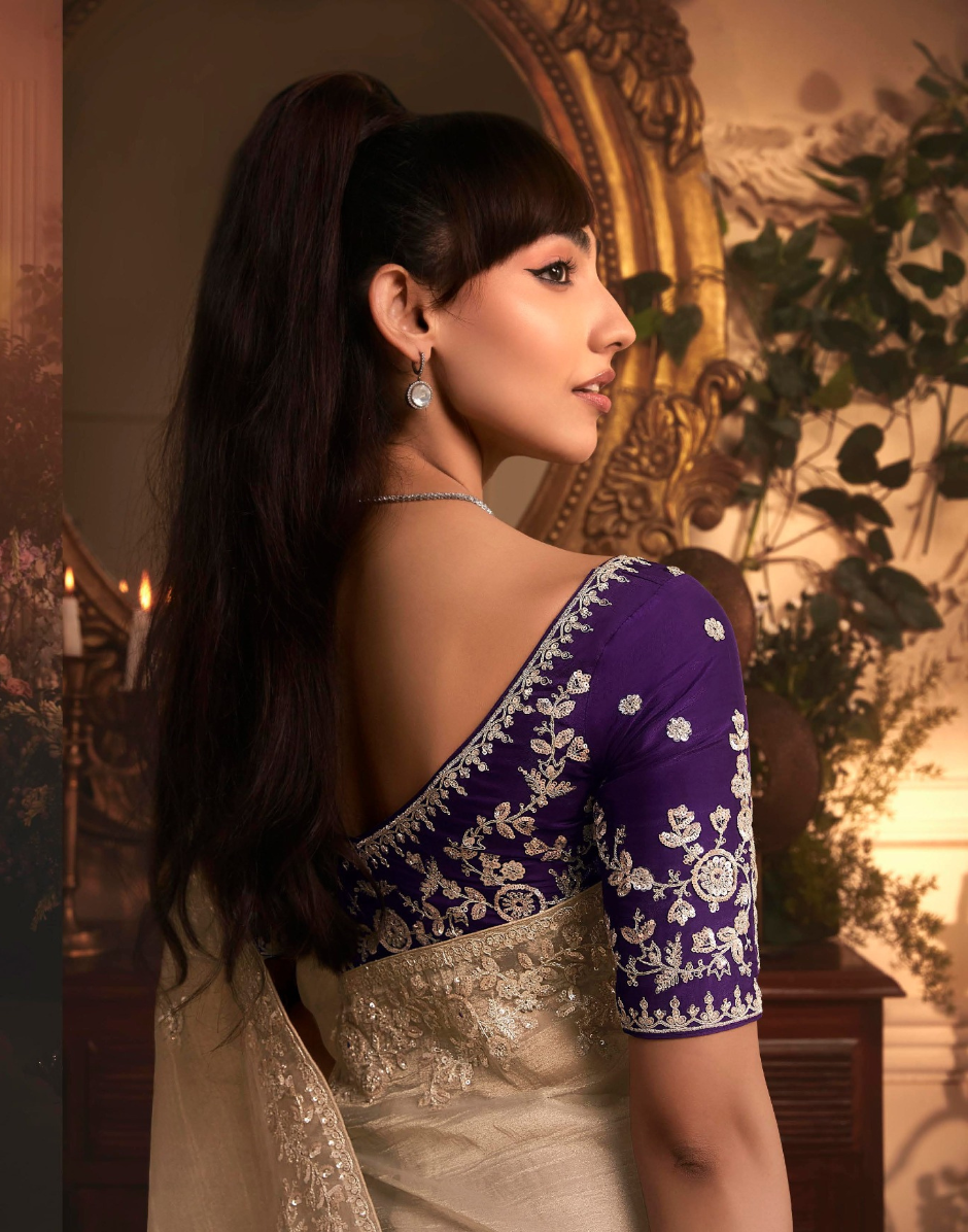 Elegant Beige Organza Saree Intricate Butta Embroidery with Heavy Stone Work Border - Buy