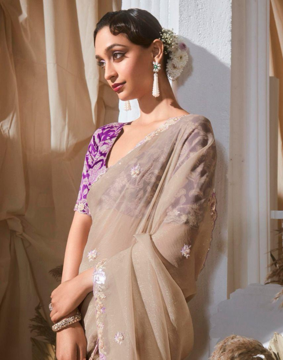 Graceful Embroidered & Embellished Saree with Printed Blouse Elegant Ethnic Ensemble - Buy
