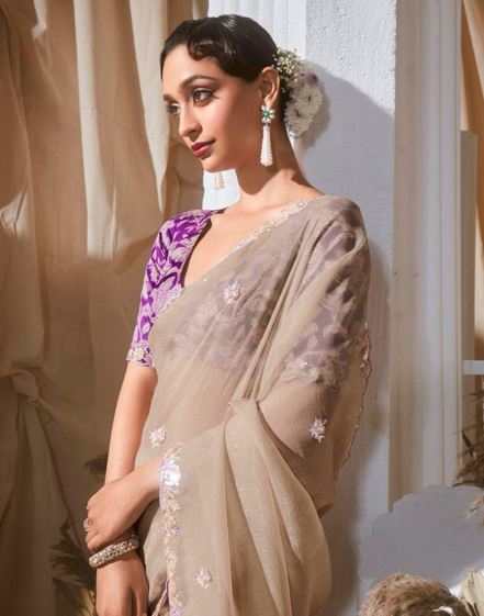 Graceful Embroidered & Embellished Saree with Printed Blouse Elegant Ethnic Ensemble - Buy