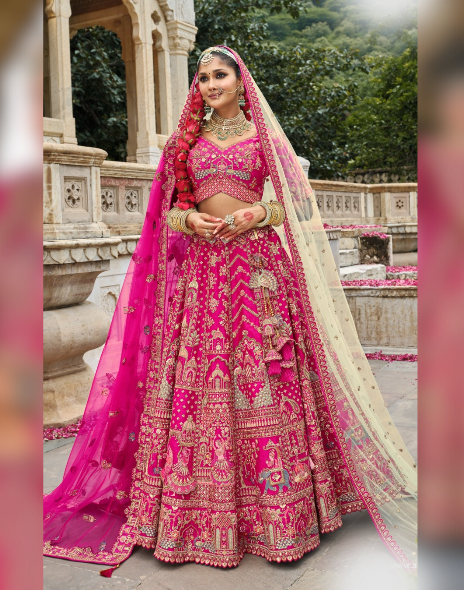Make a Statement Pink Heavy Bridal Silk Lehenga with Intricate Khatli Work - Buy