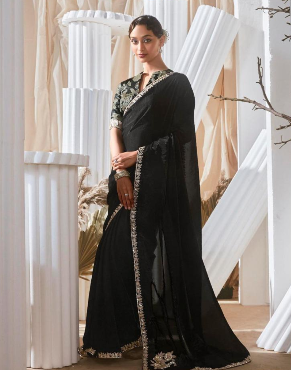 Stylish Lace Saree with Intricate Embroidery and Printed Blouse Bold & Beautiful - Buy