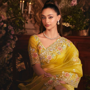 Designer Yellow Organza Saree Featuring Full Butta Work & Heavy Stone Embellished Border - Buy