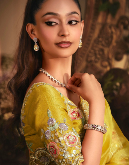 Designer Yellow Organza Saree Featuring Full Butta Work & Heavy Stone Embellished Border - Buy