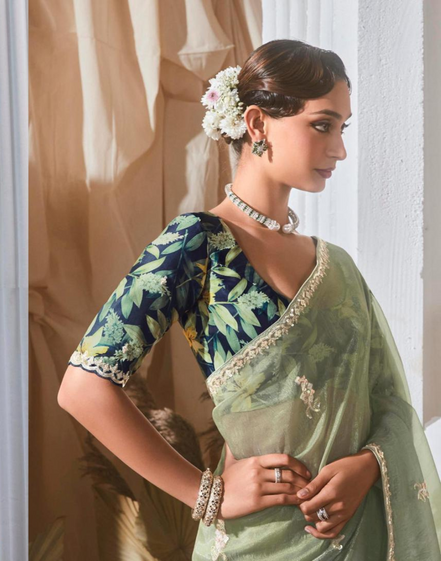 Graceful Embroidered & Embellished Saree with Printed Blouse Elegant Ethnic Ensemble - Buy