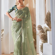Graceful Embroidered & Embellished Saree with Printed Blouse Elegant Ethnic Ensemble - Buy