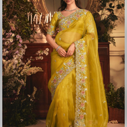 Designer Yellow Organza Saree Featuring Full Butta Work & Heavy Stone Embellished Border - Buy