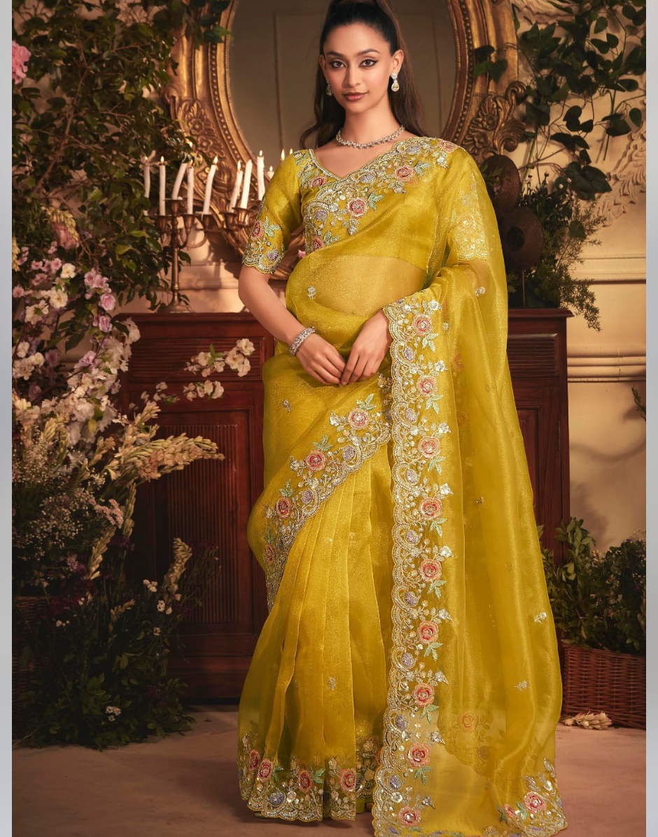Designer Yellow Organza Saree Featuring Full Butta Work & Heavy Stone Embellished Border - Buy