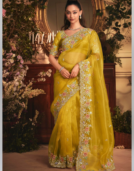 Designer Yellow Organza Saree Featuring Full Butta Work & Heavy Stone Embellished Border - Buy