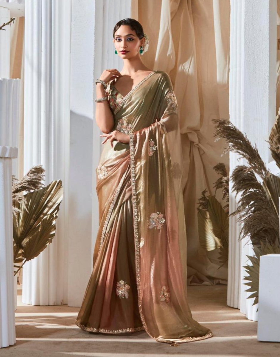 Graceful Embroidered Saree with Printed Blouse Dual-Tone Floral Elegance - Buy