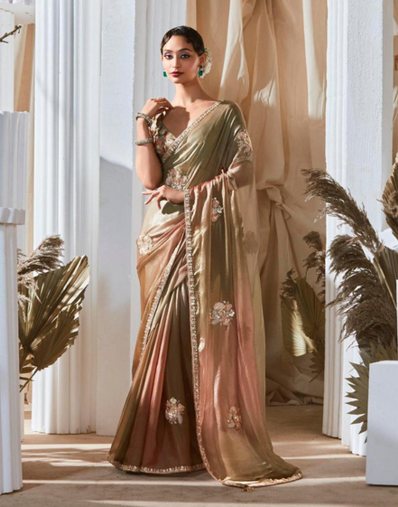 Graceful Embroidered Saree with Printed Blouse Dual-Tone Floral Elegance - Buy
