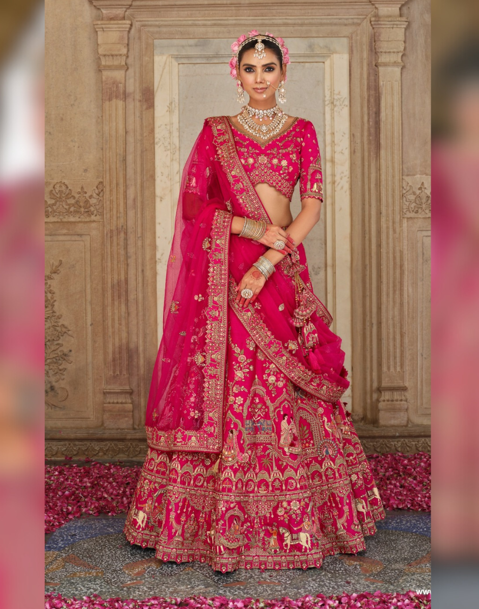 Opulent Pink Silk Lehenga for Brides with Intricate Khatli Embroidery - Buy