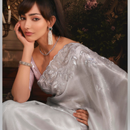 Premium Silver Organza Saree Heavy Stone Work Border with Elegant Designer Butti - Buy